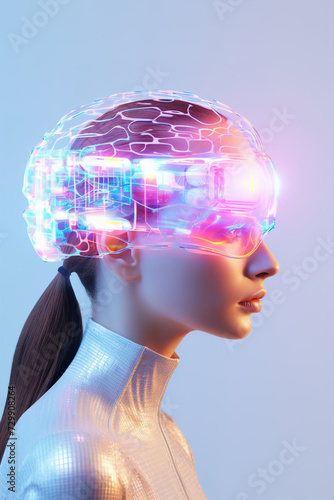 Woman with a visible cybernetic brain, ideal for content on AI, innovation, cybernetics, and the fusion of technology with humanity. IT, cyberspace, computer data transfer, VR.