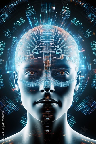 Person with a holographic brain interface, symbolizing advanced AI, perfect for technology and science-themed projects. IT, cyberspace, computer data transfer, VR.