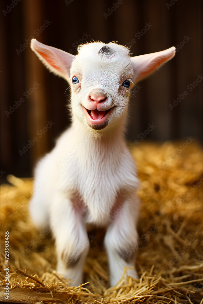 Small white goat with blue eyes and smile. Small white goat with blue eyes and smile.