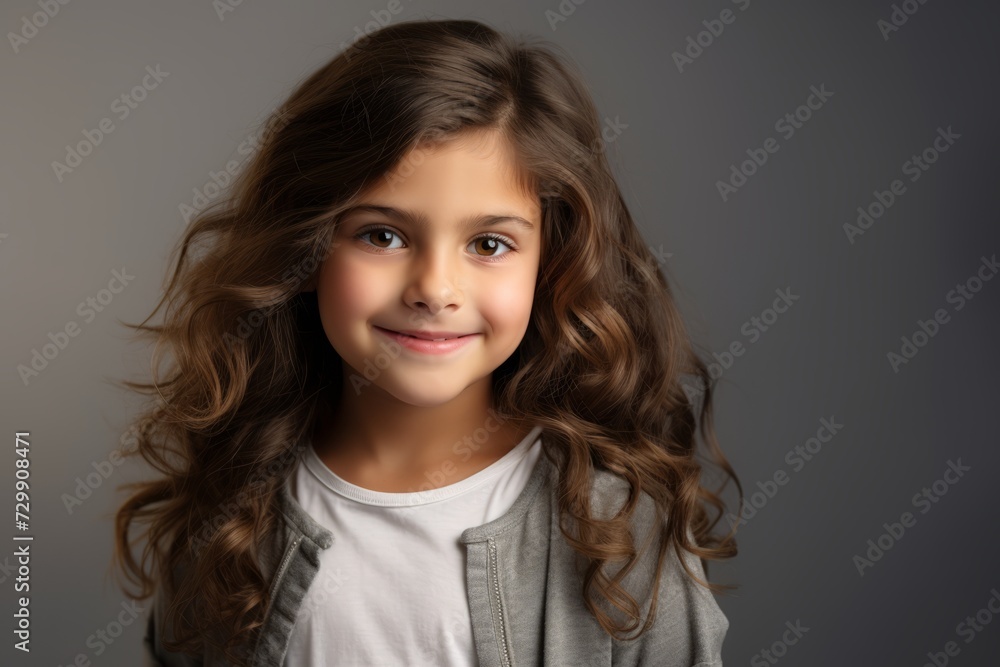 Portrait of a cute little girl with long curly hair on grey background Portrait of a cute little girl with long curly hair on grey background