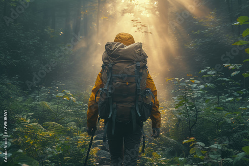 An image of a lone backpacker trekking through a dense forest with sunlight filtering through the trees, showcasing the spirit of adventure and exploration. Generative Ai.