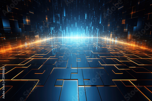 Abstract futuristic background with blue neon lights. IT, cyberspace, computer data transfer. Perfect for technology and cyber concepts. Virtual reality, artificial intelligence.