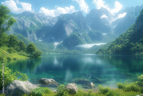 A panoramic view of a pristine mountain lake surrounded by lush greenery, capturing the serenity and untouched beauty of a remote wilderness. Concept of unspoiled mountain landscapes. Generative Ai.