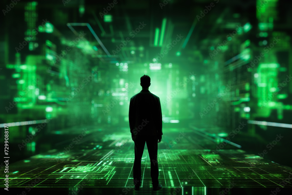 Silhouette of a man standing before a luminous green digital landscape, evoking themes of data analysis, cyber security, futuristic technology. Virtual reality, artificial intelligence. Silhouette of a man standing before a luminous green digital landscape, evoking themes of data analysis, cyber security, futuristic technology. Virtual reality, artificial intelligence.
