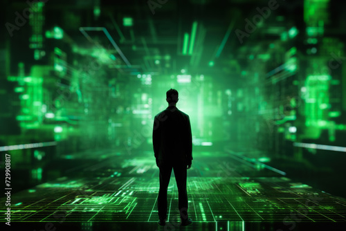 Silhouette of a man standing before a luminous green digital landscape, evoking themes of data analysis, cyber security, futuristic technology. Virtual reality, artificial intelligence.