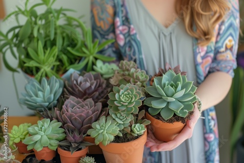 woman displaying her handgrown succulents collection photo