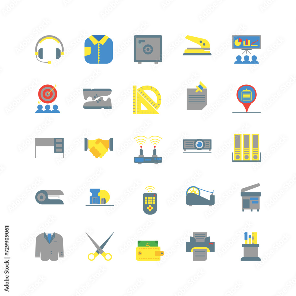 Office icon set flat color icon collection. Containing icons. Office icon set flat color icon collection. Containing icons.