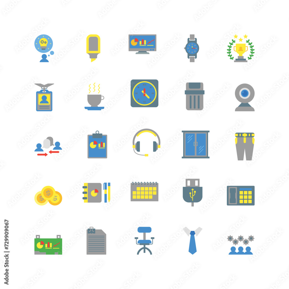 Office icon set flat color icon collection. Containing icons. Office icon set flat color icon collection. Containing icons.