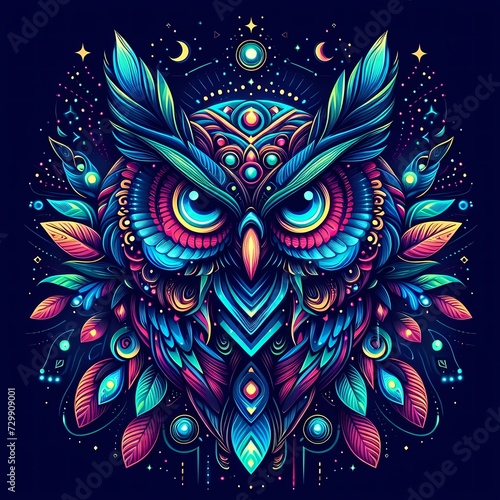 Colorful Night Owl head illustration, illustration for greeting card or poster. Print on clothing or printed materials. Fantasy illustration animal