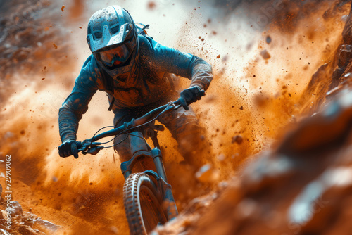 An image of a mountain biker navigating a challenging trail with dust and dirt flying, portraying the adrenaline-fueled excitement of downhill mountain biking.  Generative Ai. © Sebastian