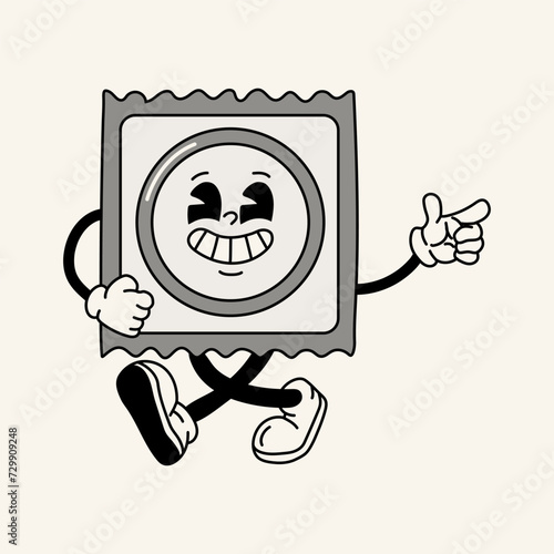 Retro condom mascot character -. 40s, 50s, 60s old animation style. Safe sex,birth control and contraception concept	