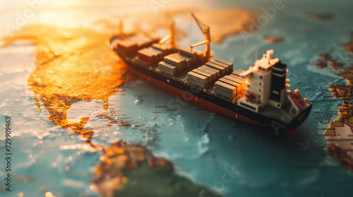 Container ship model on world map , transcontinental transportation or globalization concept image with copy space © Keitma