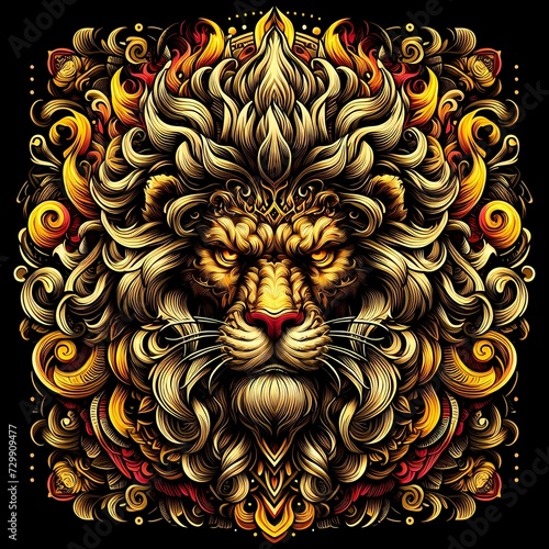 Intricate Lion head illustration, illustration for greeting card or poster. Print on clothing or printed materials. Fantasy illustration animal
