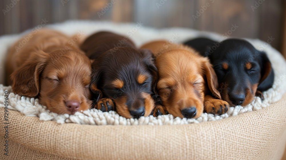 A group of adorable dachshund puppies sleeping in a cozy dog bed.