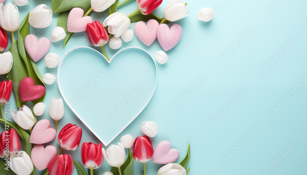 Beautiful Tulip Flowers with Heart Frame on Pastel Blue Background. Mother's Day Concept with Copy Space