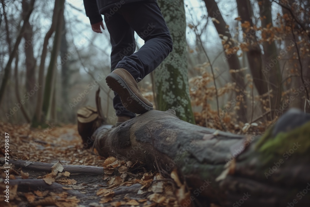 Fototapeta premium man stepping over a fallen log on the path