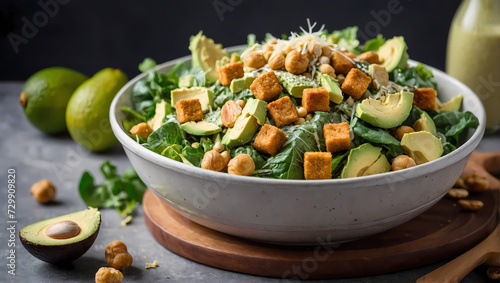 Vegan Caesar Salad with Chickpea Croutons, Avocado, and Cashew Caesar Dressing, Copy Space.