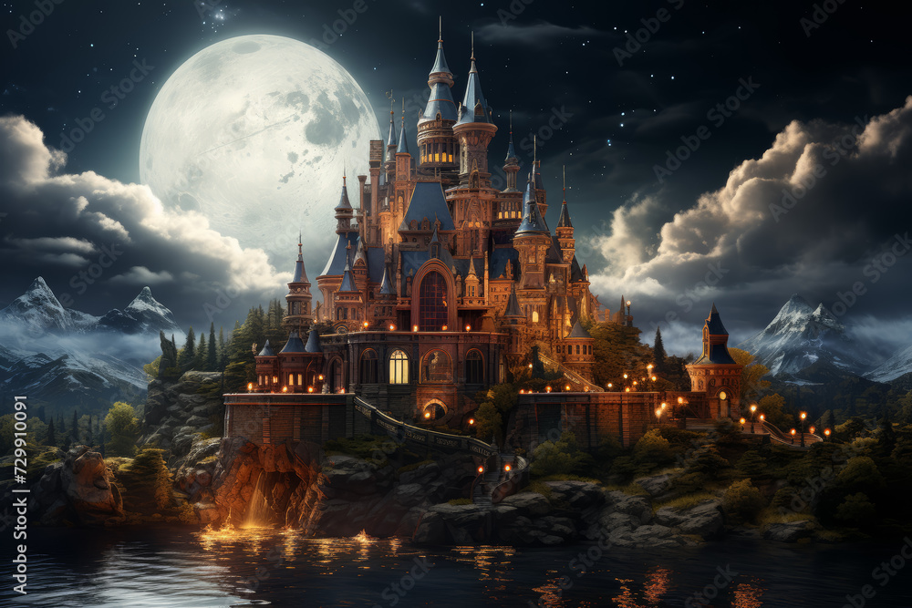 An image of an enchanted castle atop a floating island, surrounded by swirling clouds and mystical lights, inviting viewers into a realm of fairy-tale magic. Generative Ai. - obrazy, fototapety, plakaty 