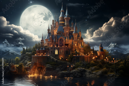 An image of an enchanted castle atop a floating island, surrounded by swirling clouds and mystical lights, inviting viewers into a realm of fairy-tale magic. Generative Ai. © Sebastian
