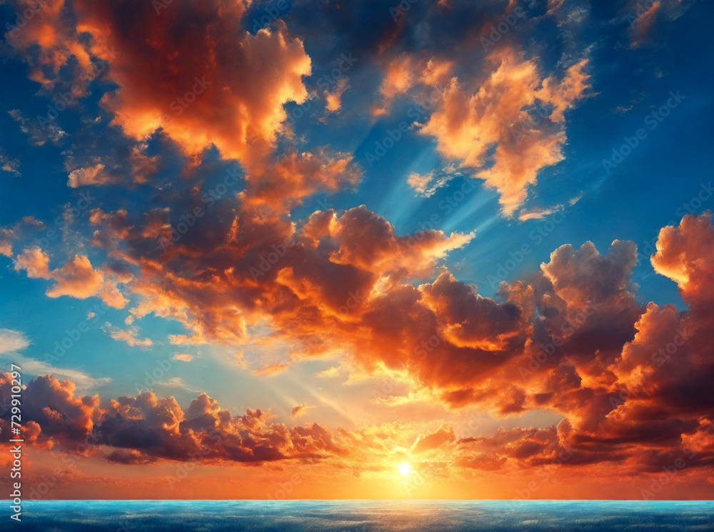 Panoramic view of sunset blue sky with orange fluffy clouds, atmospheric backdrop, cozy wallpaper. Panorama of cloudscape, amazing sky background. Design style backgrounds concept. Copy ad text space