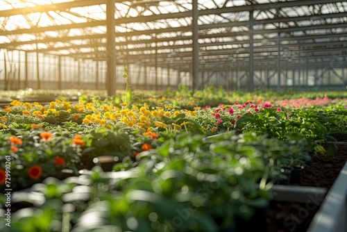 Rows of flower plants seedlings growing inside big industrial greenhouse. Industrial agriculture.