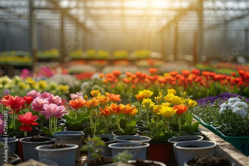 Rows of flower plants seedlings growing inside big industrial greenhouse. Industrial agriculture.