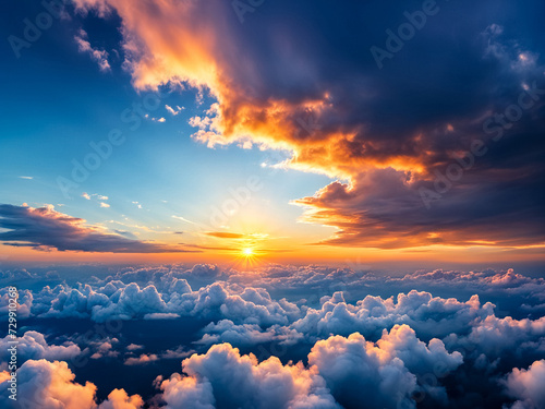 Panoramic view of sunset blue sky with orange fluffy clouds, atmospheric backdrop, cozy wallpaper. Panorama of cloudscape, amazing sky background. Design style backgrounds concept. Copy ad text space