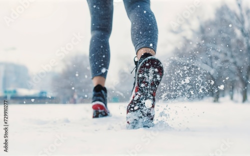 Close-up of female legs in sneakers running and kicking snow. Snowy weather concept. Light color palette