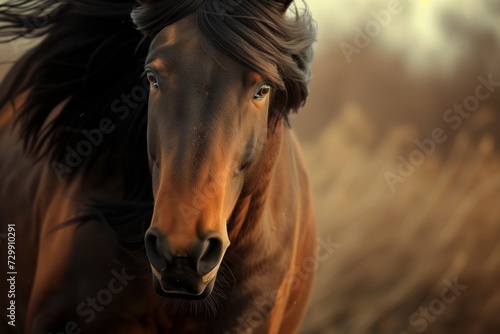 closeup of horses determined eyes as it runs at the camera