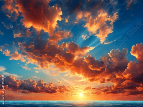 Panoramic view of sunset blue sky with orange fluffy clouds, atmospheric backdrop, cozy wallpaper. Panorama of cloudscape, amazing sky background. Design style backgrounds concept. Copy ad text space