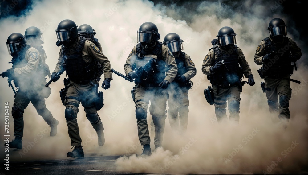 Naklejka premium The image shows a group of police officers dressed in riot gear. They are walking through a cloud of smoke while holding their weapons.