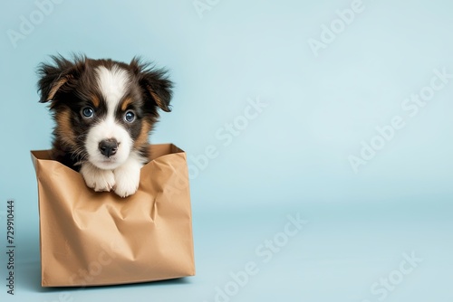Funny cute australian shepherd puppy dog with paper bags on light blue wall or paper background. Pet for shopping advertising concept