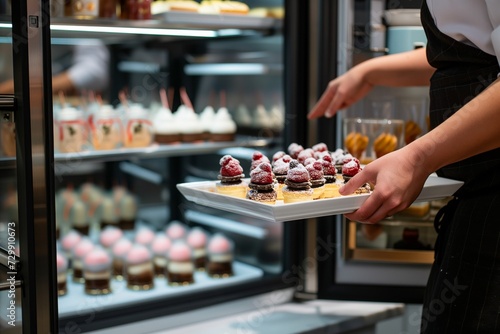 chef pulling out a tray of desserts from a fridge photo