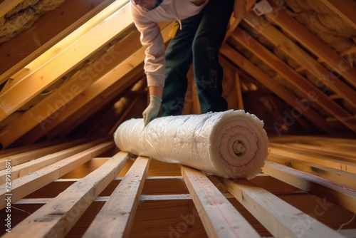 person rolling fiberglass insulation between attic beams photo