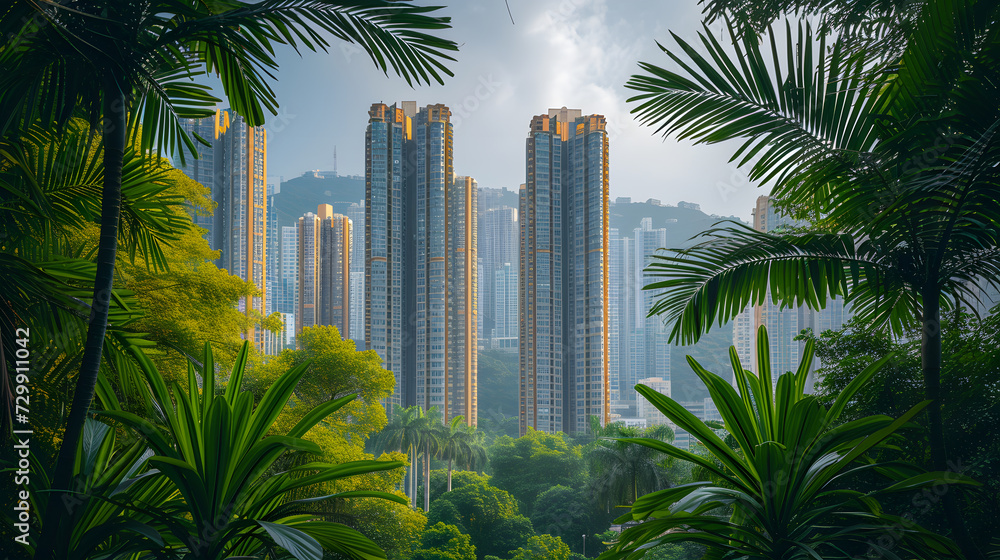 An urban jungle, with towering skyscrapers as the background, during a bustling city day