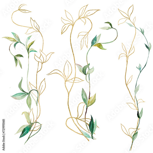 Watercolor green and golden botanical leaves isolated illustration, wedding stationery element