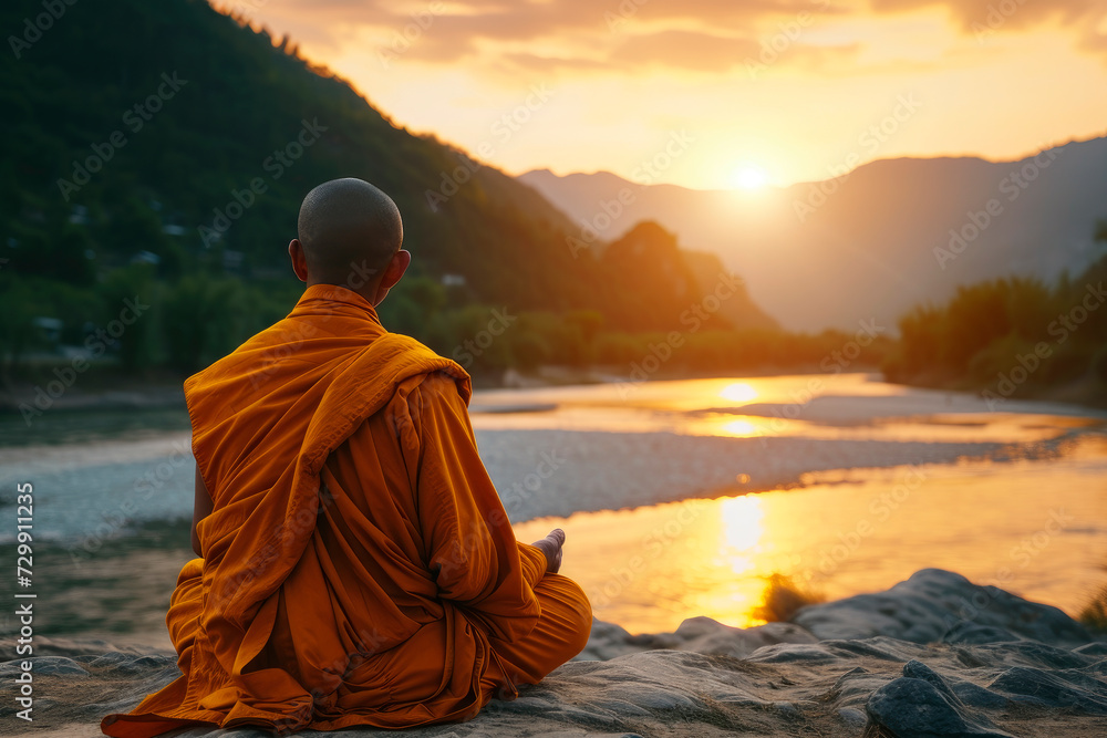 Back view of buddhist monk in meditation beside the river with beautiful nature background. Back view of buddhist monk in meditation beside the river with beautiful nature background.