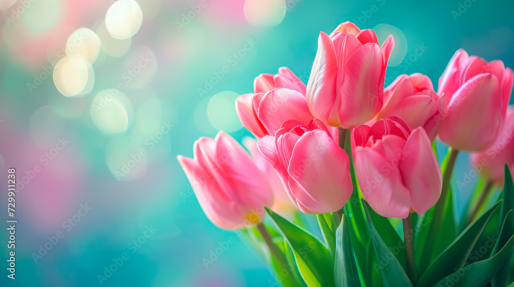 Obraz premium Bouquet of beautiful flowers. Pink tulips on blurred background with copy space for greeting message.