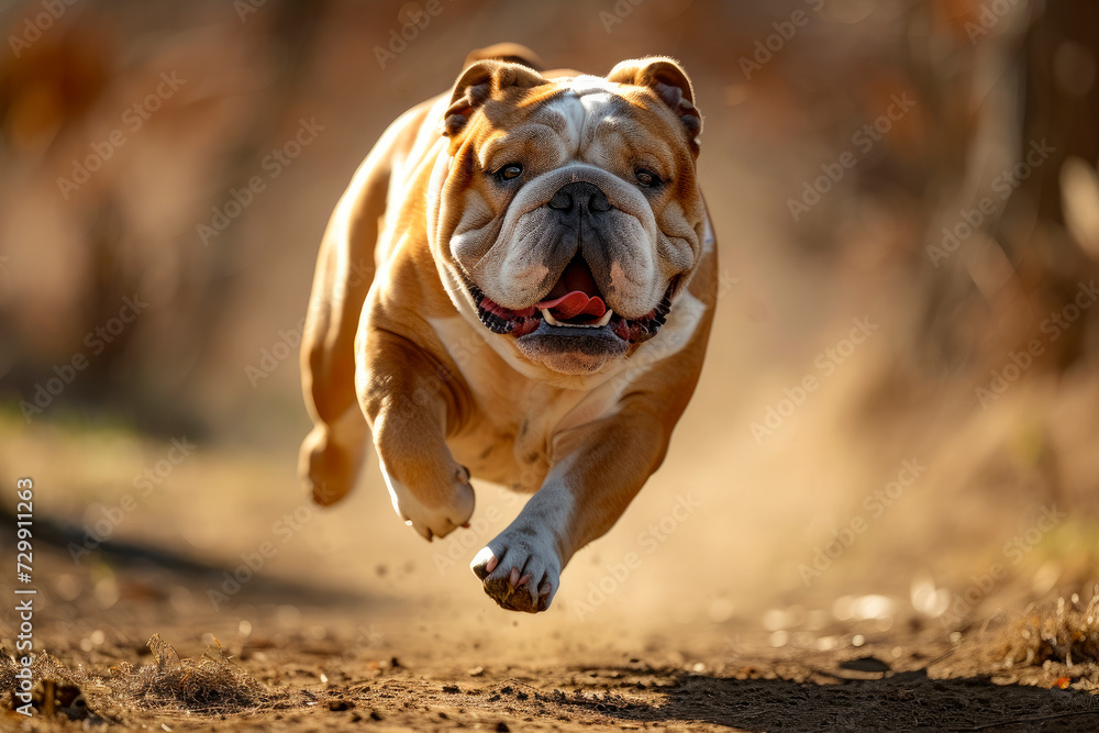 Dynamic mid-run of Bulldog , its muscular frame propelled forward with determination.