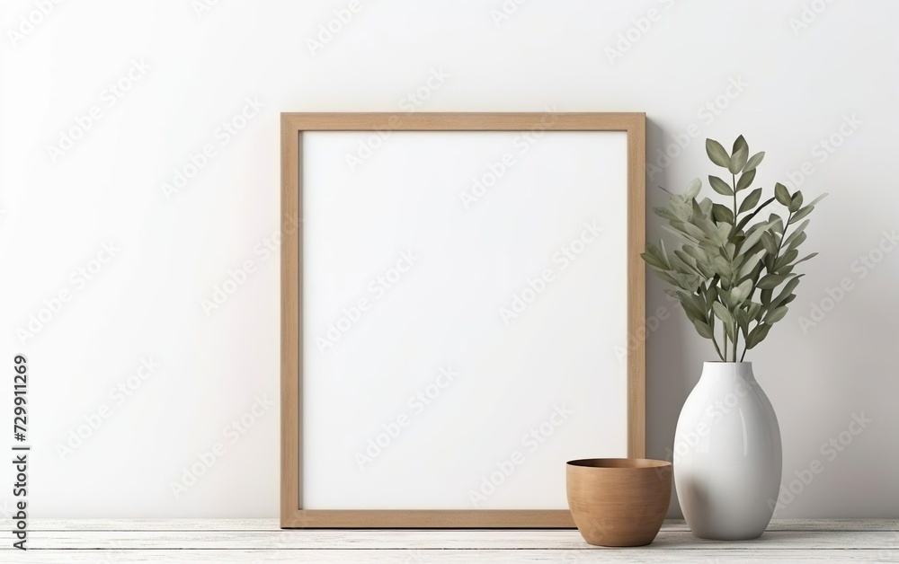 Blank wooden picture frame mockup on off white wall in modern interior. Vertical artwork template mock up for artwork, painting, photo or poster in interior design with green plants. AI Generative. Blank wooden picture frame mockup on off white wall in modern interior. Vertical artwork template mock up for artwork, painting, photo or poster in interior design with green plants. AI Generative.
