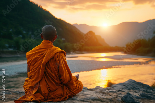 Back view of buddhist monk in meditation beside the river with beautiful nature background.