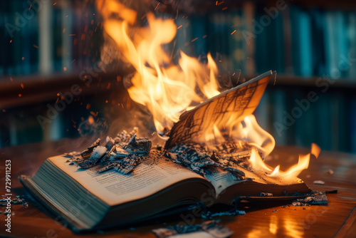 Burning in fire old open book on the library desk. Forbidden literature on bonfire.