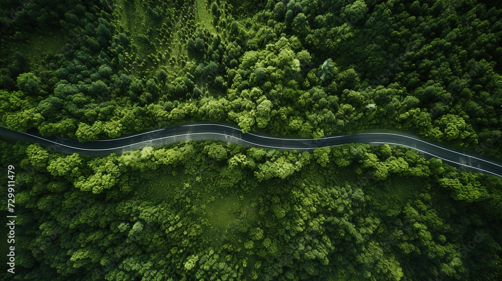 Aerial view of a winding road through the green forest, Ai Generated