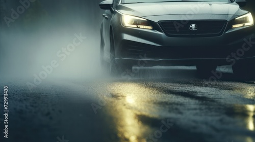 close up rain headlights car road highway night with fog lights in motion