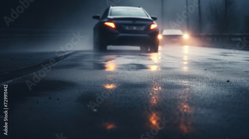 close up rain headlights car road highway night with fog lights in motion