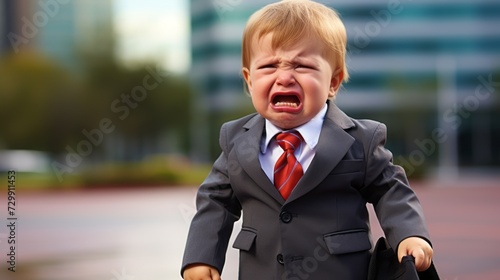 Close-up of a crying little businessman, a baby, a boy, a child in a business suit going to work.