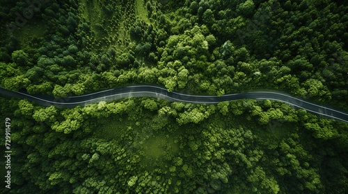 Aerial view of a winding road through the green forest, Ai Generated