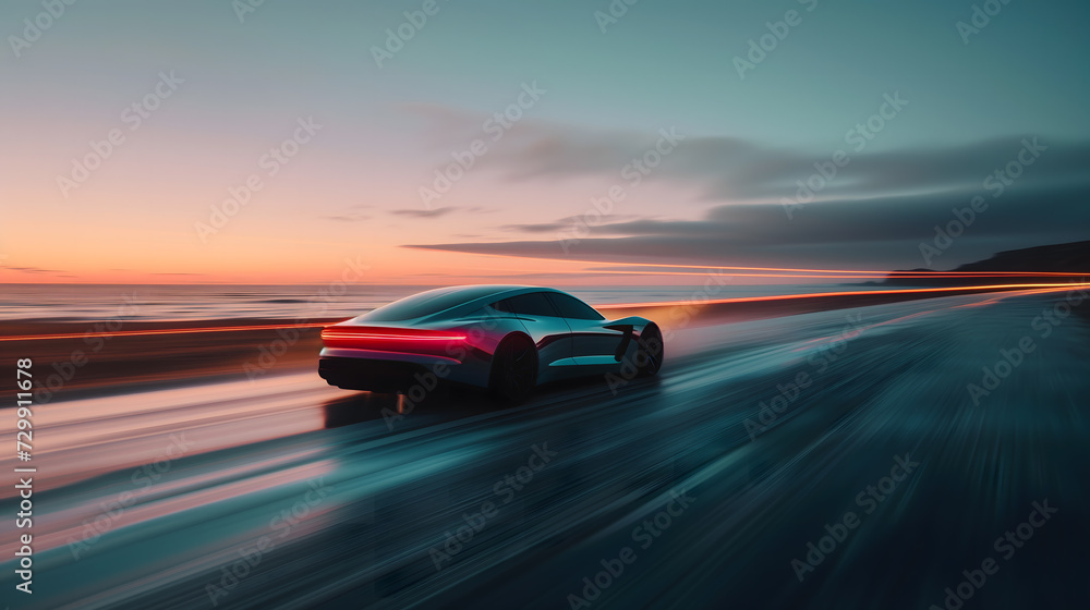  a sleek, modern electric car gliding along a coastal road, its motion blur capturing the essence of speed and the silent grace of electric propulsion