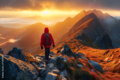 Man hiker walks along a trail to the top of a mountain at sunset