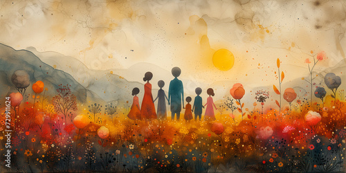 Family life, mother, father and children on a meadow with flowers, social support, mental health and lifestyle concept, parent day